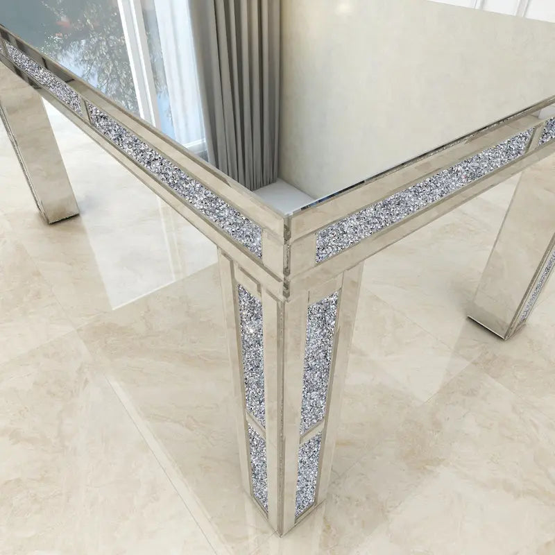 Table à manger rectangulaire miroir avec incrustations de diamants écrasés – Pièce maîtresse glamour pour salle à manger