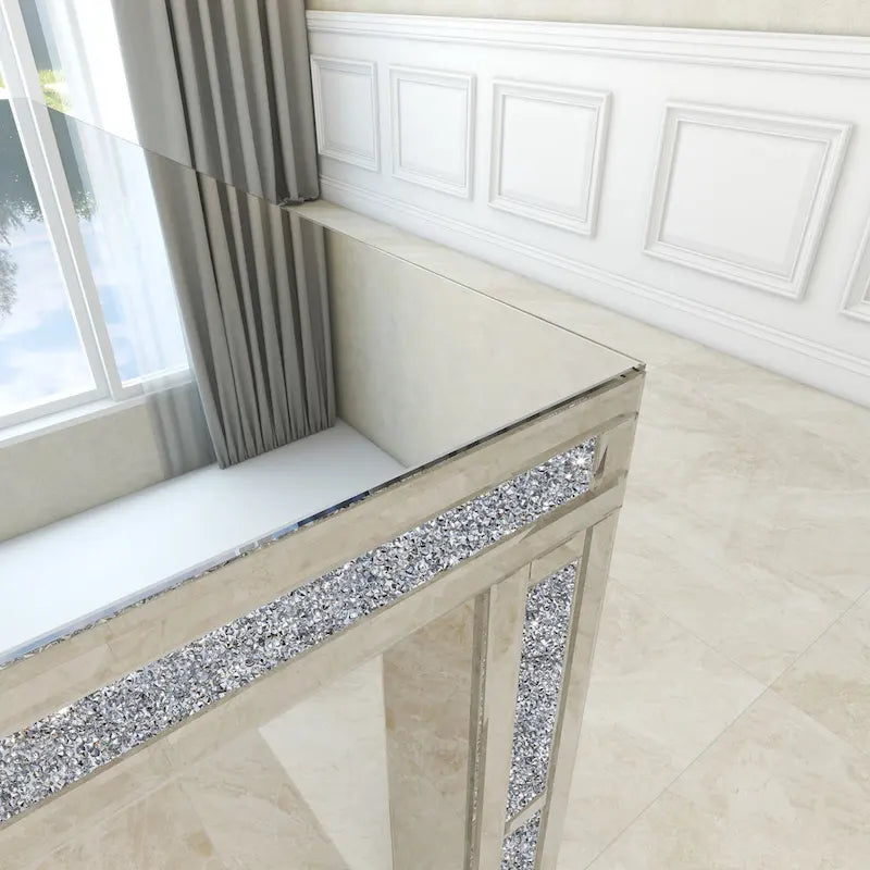 Table à manger rectangulaire miroir avec incrustations de diamants écrasés – Pièce maîtresse glamour pour salle à manger