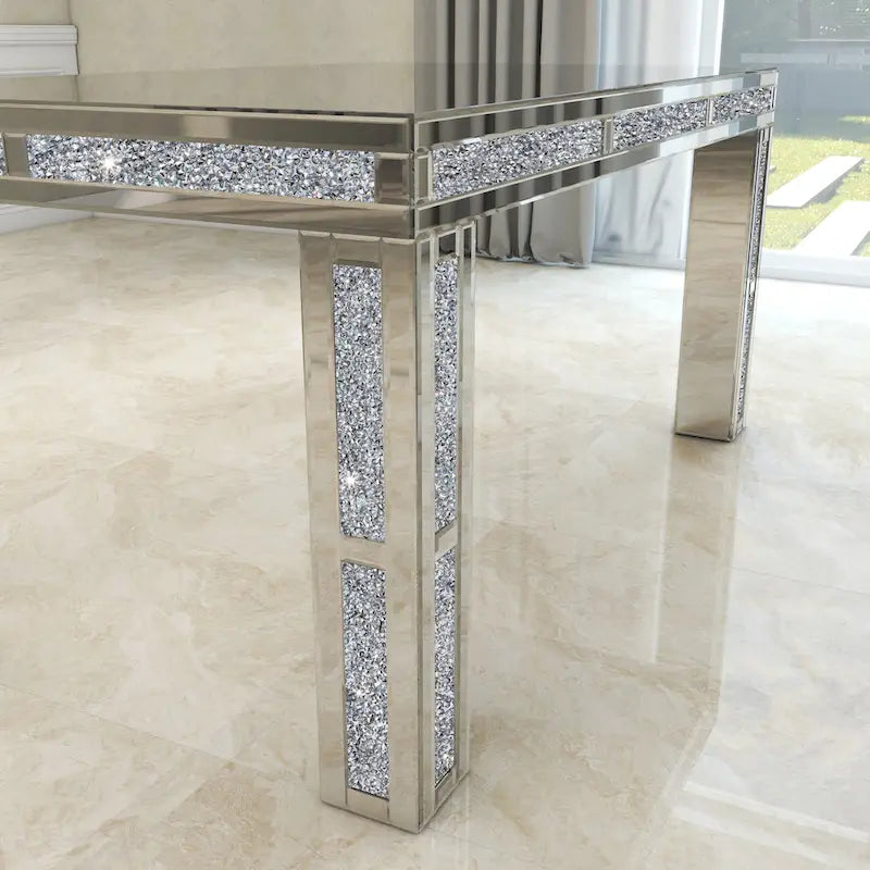 Table à manger rectangulaire miroir avec incrustations de diamants écrasés – Pièce maîtresse glamour pour salle à manger