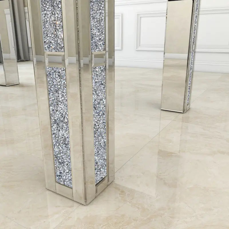 Table à manger rectangulaire miroir avec incrustations de diamants écrasés – Pièce maîtresse glamour pour salle à manger