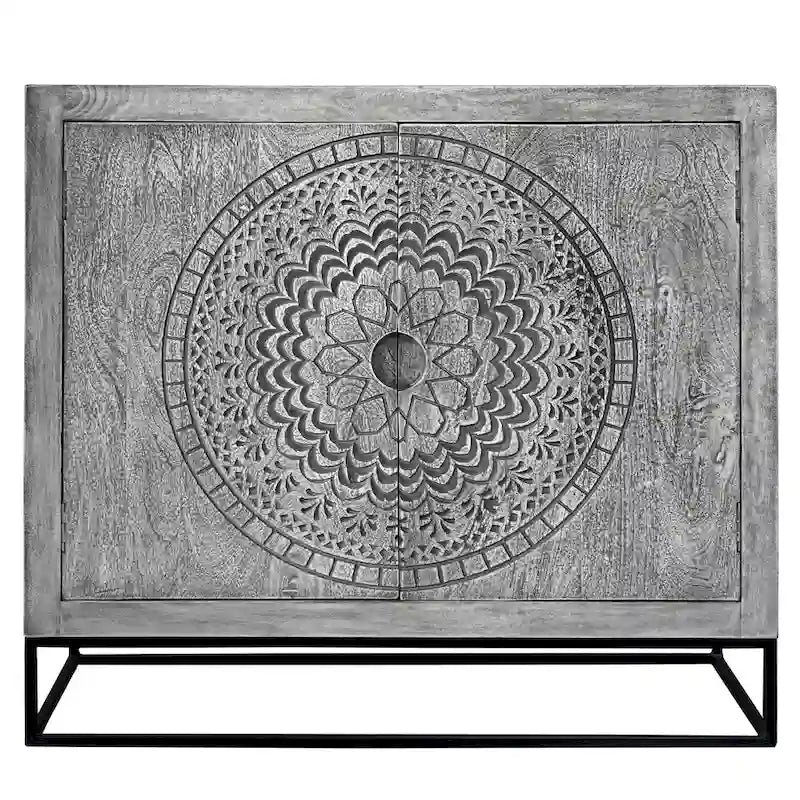 Meuble d'appoint 99 cm en manguier artisanal avec portes médaillon – Piétement en fer gris et noir