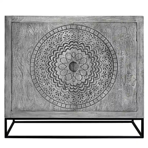 Meuble d'appoint 99 cm en manguier artisanal avec portes médaillon – Piétement en fer gris et noir