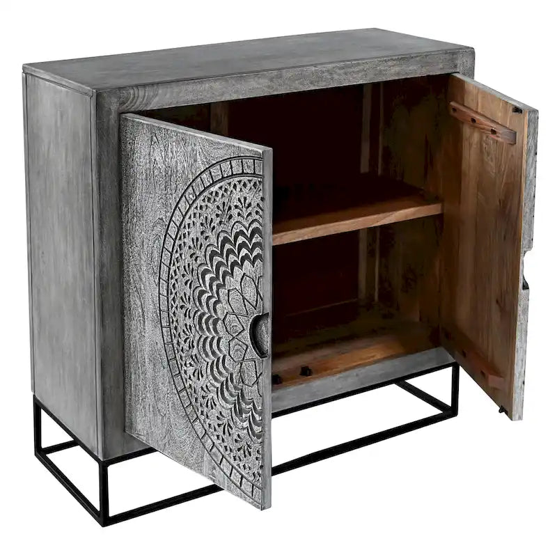 Meuble d'appoint 99 cm en manguier artisanal avec portes médaillon – Piétement en fer gris et noir