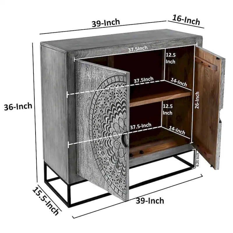Meuble d'appoint 99 cm en manguier artisanal avec portes médaillon – Piétement en fer gris et noir