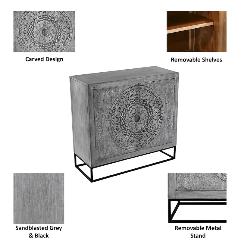Meuble d'appoint 99 cm en manguier artisanal avec portes médaillon – Piétement en fer gris et noir