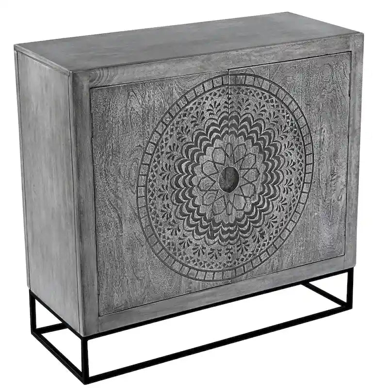 Meuble d'appoint 99 cm en manguier artisanal avec portes médaillon – Piétement en fer gris et noir