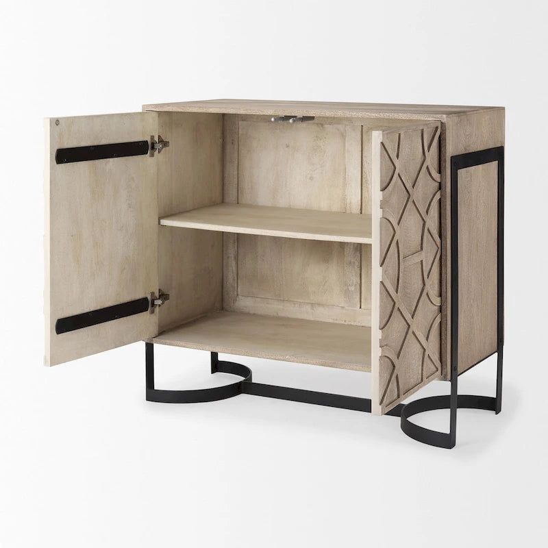 Meuble d'appoint 2 portes en bois de manguier avec cadre en métal noir - Marron clair