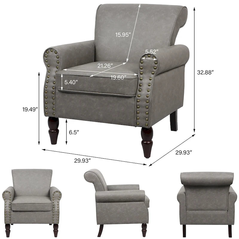 Fauteuil d'appoint en similicuir avec accoudoirs roulés et garniture cloutée – Chaise de salon classique avec pieds en bois massif