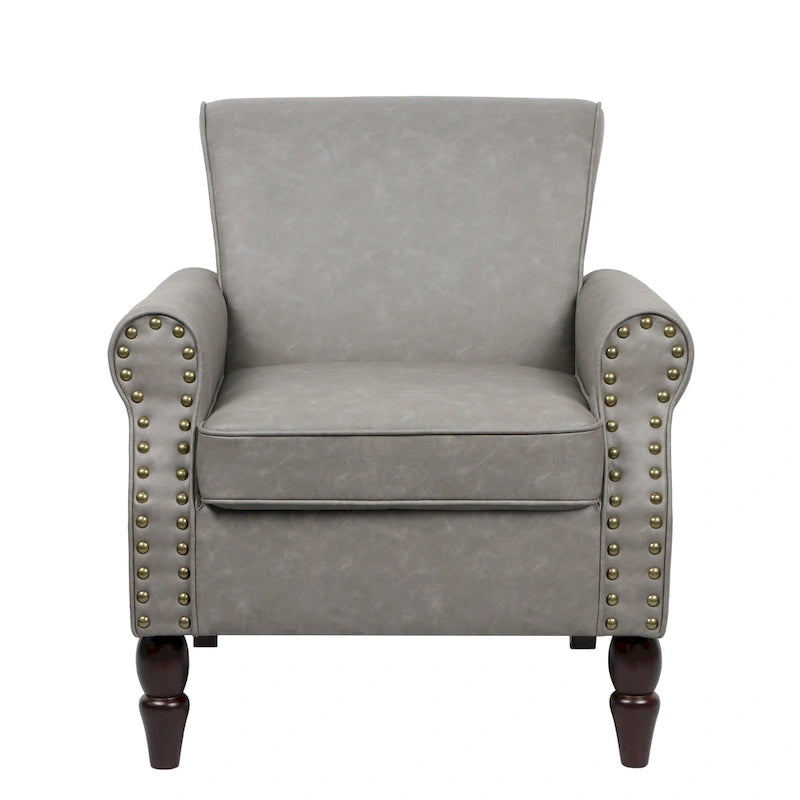 Fauteuil d'appoint en similicuir avec accoudoirs roulés et garniture cloutée – Chaise de salon classique avec pieds en bois massif