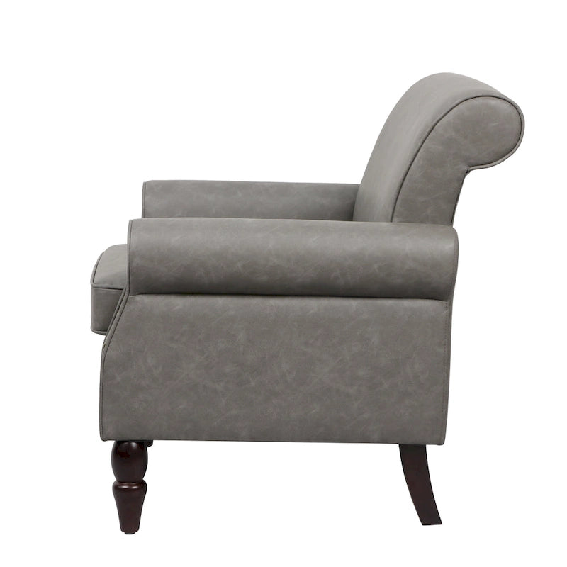 Fauteuil d'appoint en similicuir avec accoudoirs roulés et garniture cloutée – Chaise de salon classique avec pieds en bois massif