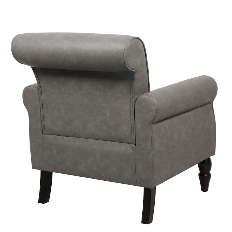 Fauteuil d'appoint en similicuir avec accoudoirs roulés et garniture cloutée – Chaise de salon classique avec pieds en bois massif