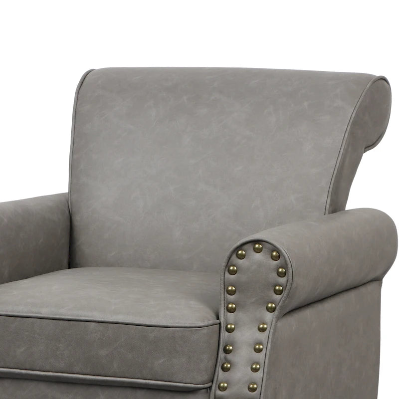 Fauteuil d'appoint en similicuir avec accoudoirs roulés et garniture cloutée – Chaise de salon classique avec pieds en bois massif