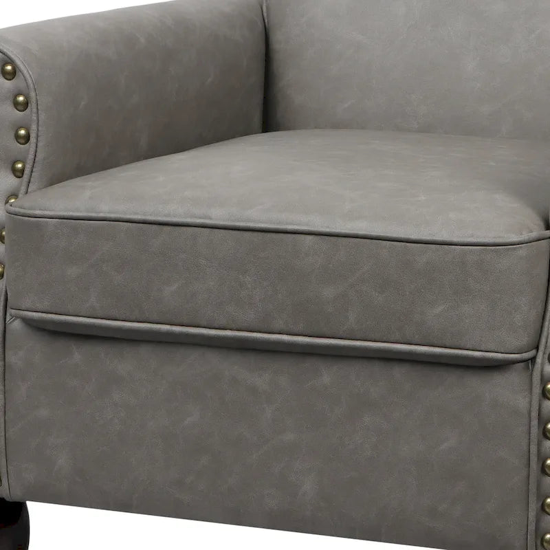 Fauteuil d'appoint en similicuir avec accoudoirs roulés et garniture cloutée – Chaise de salon classique avec pieds en bois massif