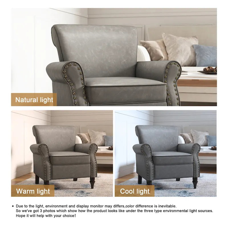 Fauteuil d'appoint en similicuir avec accoudoirs roulés et garniture cloutée – Chaise de salon classique avec pieds en bois massif