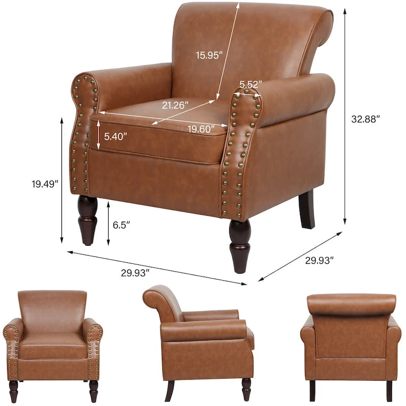 Fauteuil d'appoint en similicuir avec accoudoirs roulés et garniture cloutée – Chaise de salon classique avec pieds en bois massif
