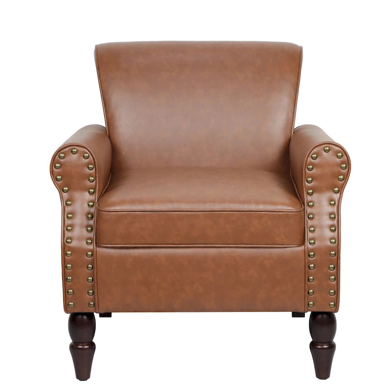 Fauteuil d'appoint en similicuir avec accoudoirs roulés et garniture cloutée – Chaise de salon classique avec pieds en bois massif