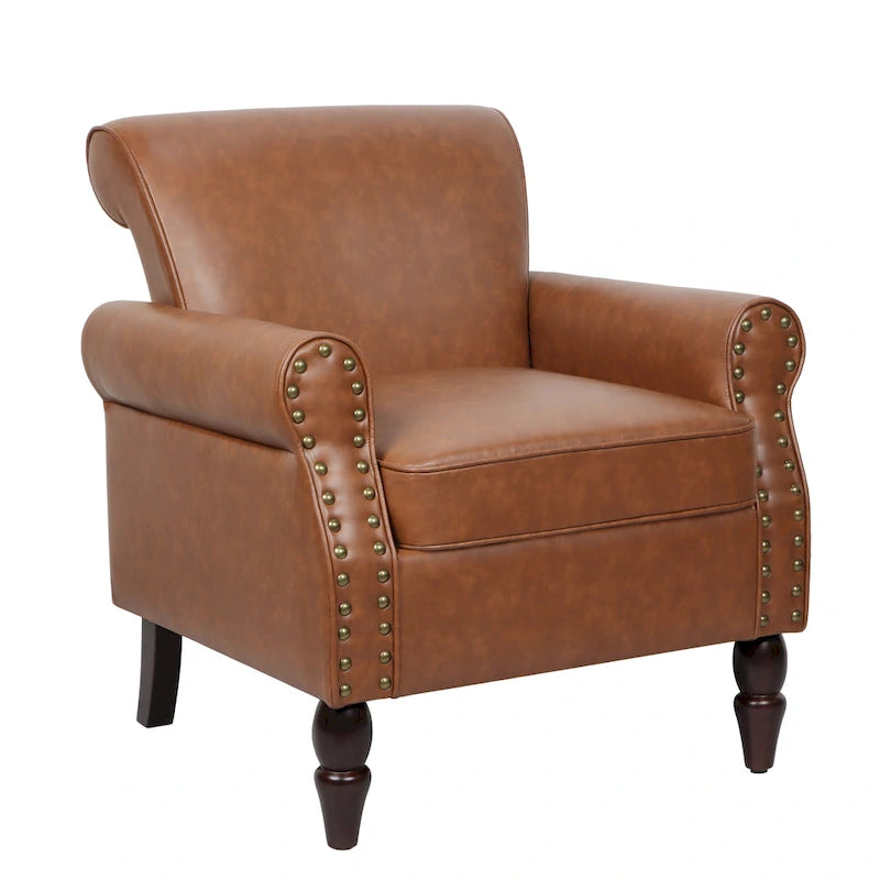 Fauteuil d'appoint en similicuir avec accoudoirs roulés et garniture cloutée – Chaise de salon classique avec pieds en bois massif
