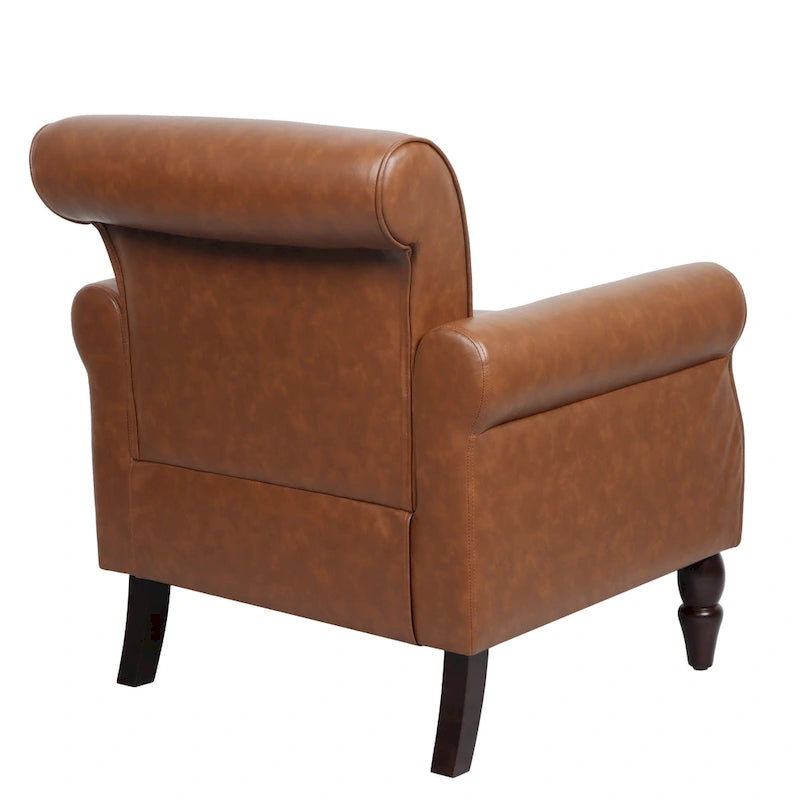 Fauteuil d'appoint en similicuir avec accoudoirs roulés et garniture cloutée – Chaise de salon classique avec pieds en bois massif