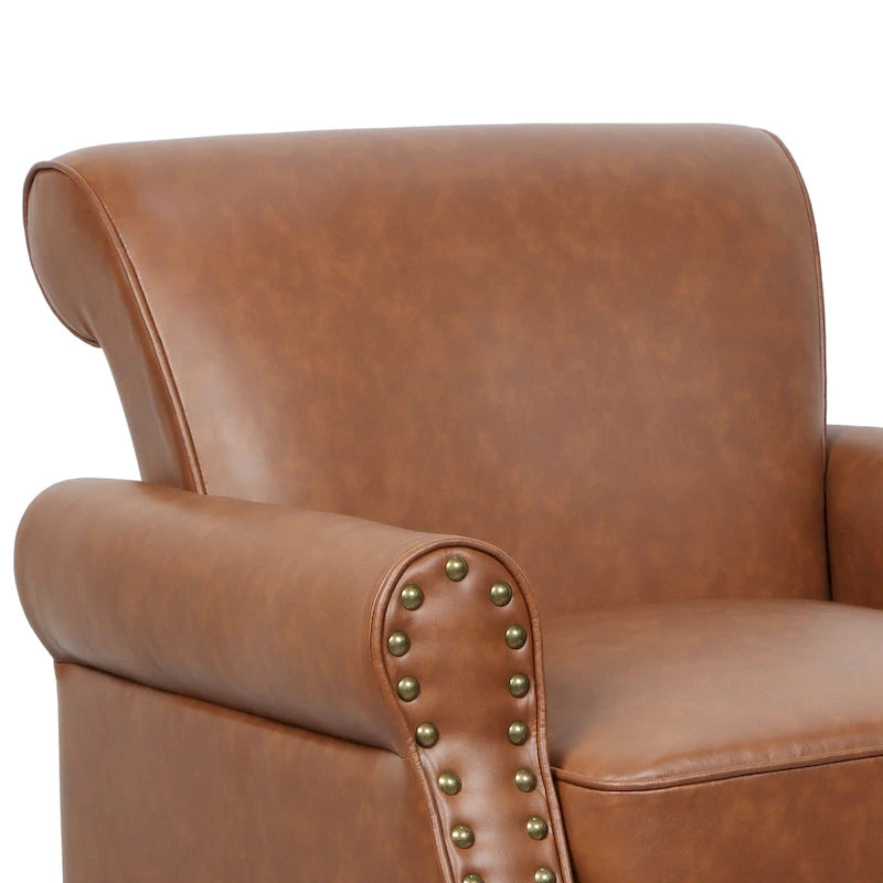Fauteuil d'appoint en similicuir avec accoudoirs roulés et garniture cloutée – Chaise de salon classique avec pieds en bois massif