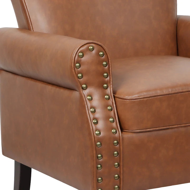 Fauteuil d'appoint en similicuir avec accoudoirs roulés et garniture cloutée – Chaise de salon classique avec pieds en bois massif