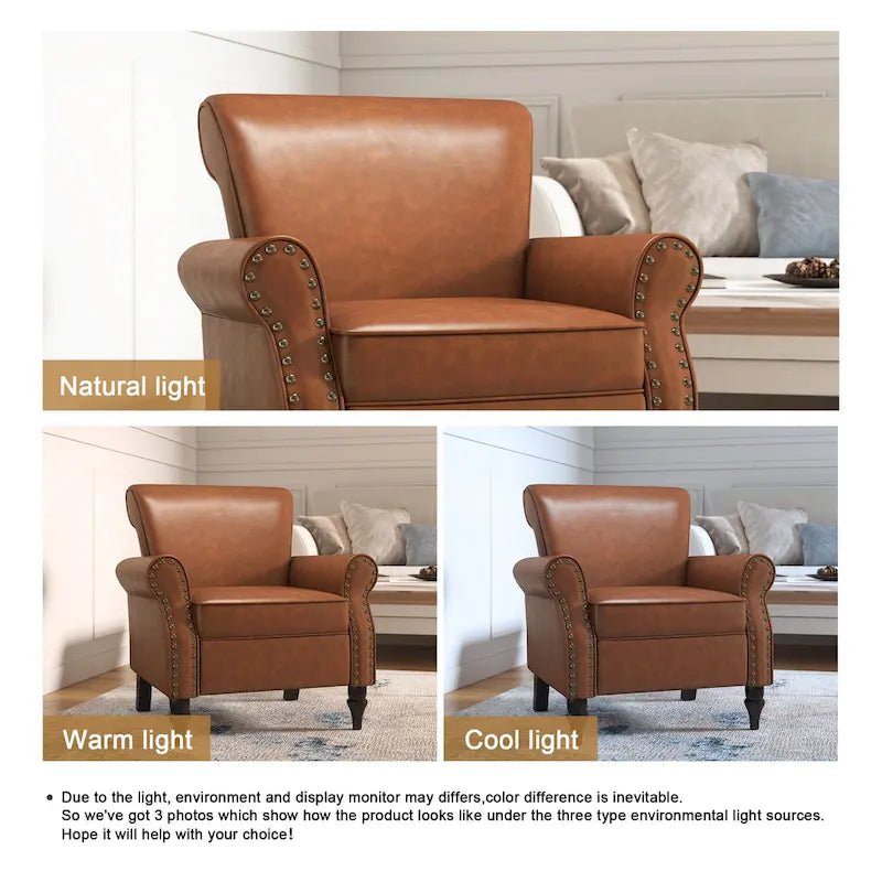 Fauteuil d'appoint en similicuir avec accoudoirs roulés et garniture cloutée – Chaise de salon classique avec pieds en bois massif