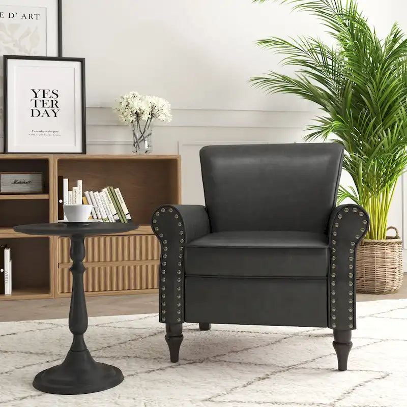 Fauteuil d'appoint en similicuir avec accoudoirs roulés et garniture cloutée – Chaise de salon classique avec pieds en bois massif