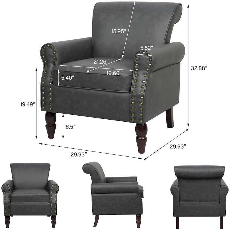 Fauteuil d'appoint en similicuir avec accoudoirs roulés et garniture cloutée – Chaise de salon classique avec pieds en bois massif