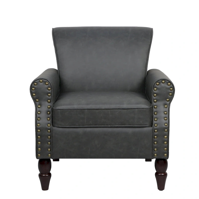 Fauteuil d'appoint en similicuir avec accoudoirs roulés et garniture cloutée – Chaise de salon classique avec pieds en bois massif