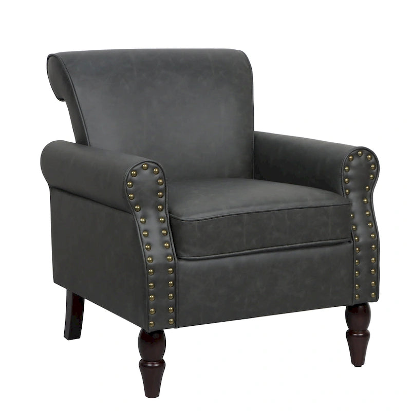 Fauteuil d'appoint en similicuir avec accoudoirs roulés et garniture cloutée – Chaise de salon classique avec pieds en bois massif