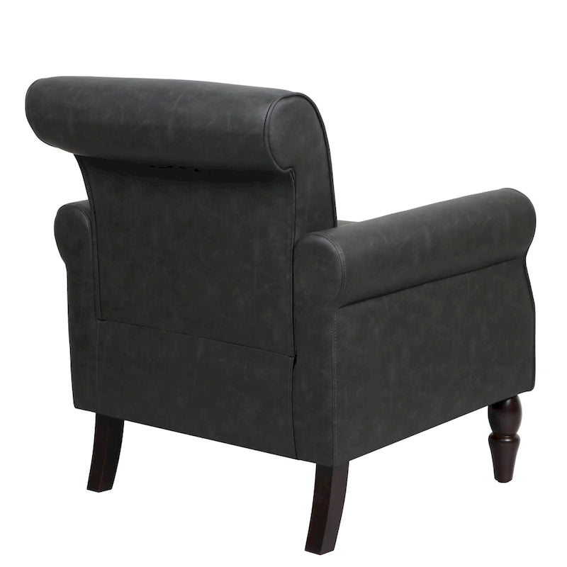 Fauteuil d'appoint en similicuir avec accoudoirs roulés et garniture cloutée – Chaise de salon classique avec pieds en bois massif