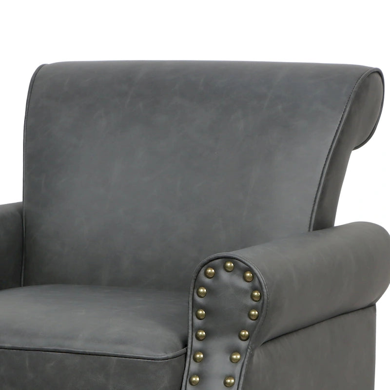 Fauteuil d'appoint en similicuir avec accoudoirs roulés et garniture cloutée – Chaise de salon classique avec pieds en bois massif