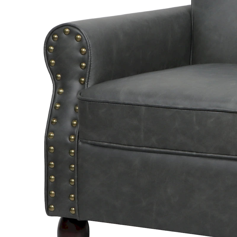 Fauteuil d'appoint en similicuir avec accoudoirs roulés et garniture cloutée – Chaise de salon classique avec pieds en bois massif