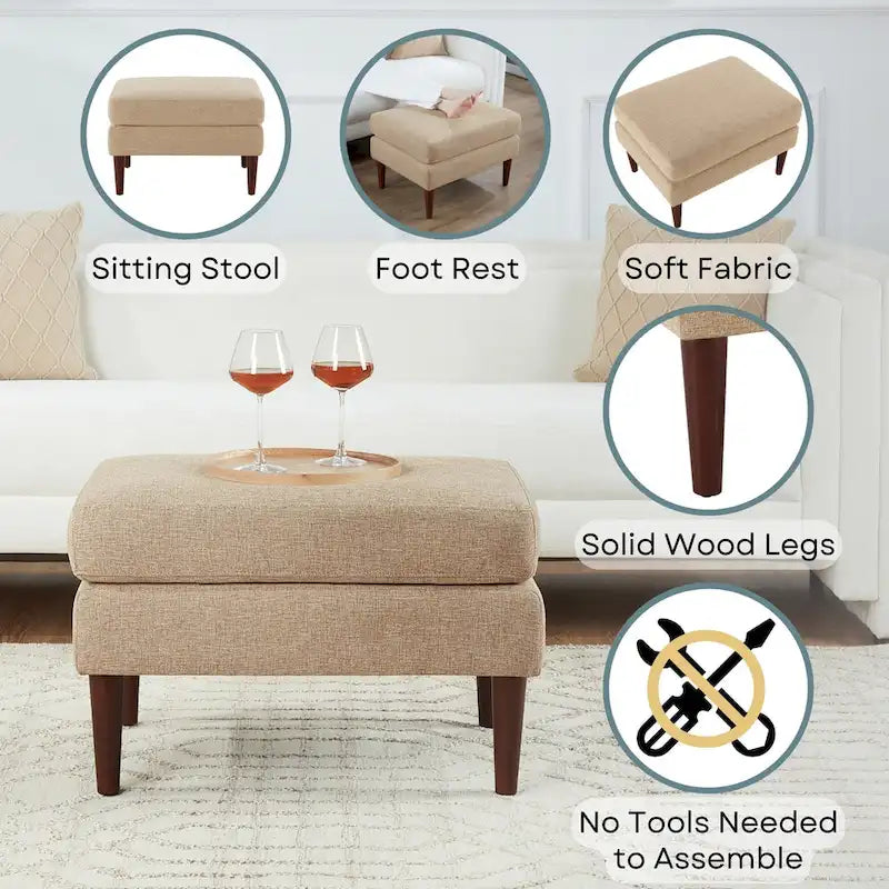 Repose-pieds et siège d'appoint rembourré de style moderne du milieu du siècle avec pieds coniques en bois