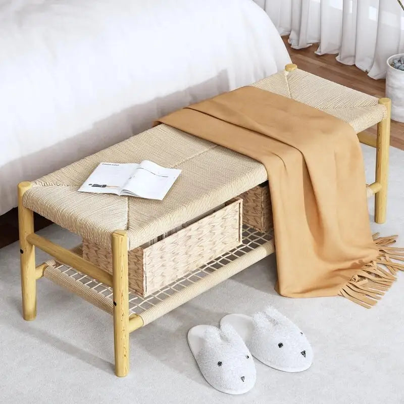 Banc en corde tressée à la main avec paniers de rangement en osier - Naturel