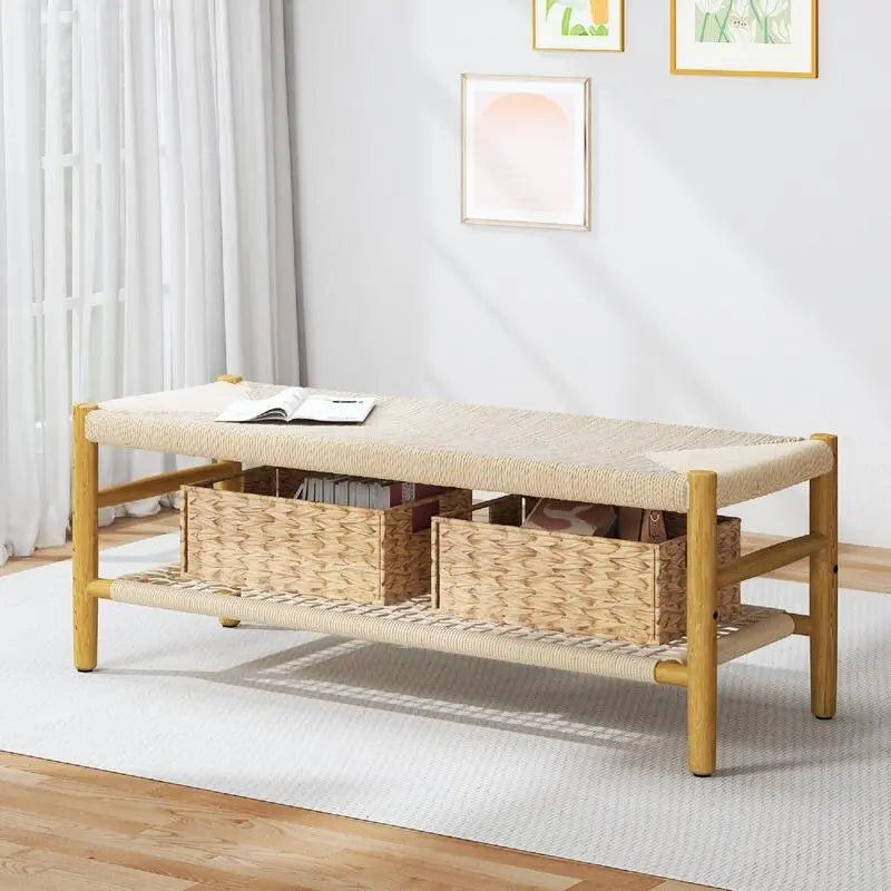 Banc en corde tressée à la main avec paniers de rangement en osier - Naturel