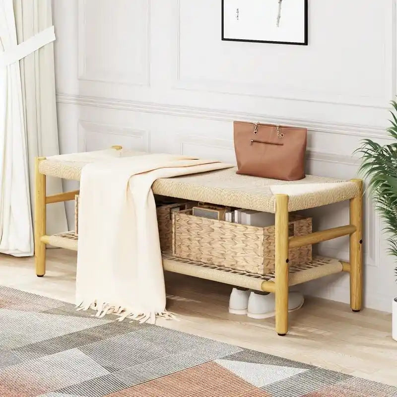 Banc en corde tressée à la main avec paniers de rangement en osier - Naturel