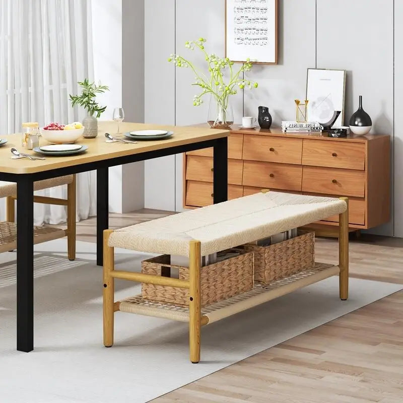 Banc en corde tressée à la main avec paniers de rangement en osier - Naturel