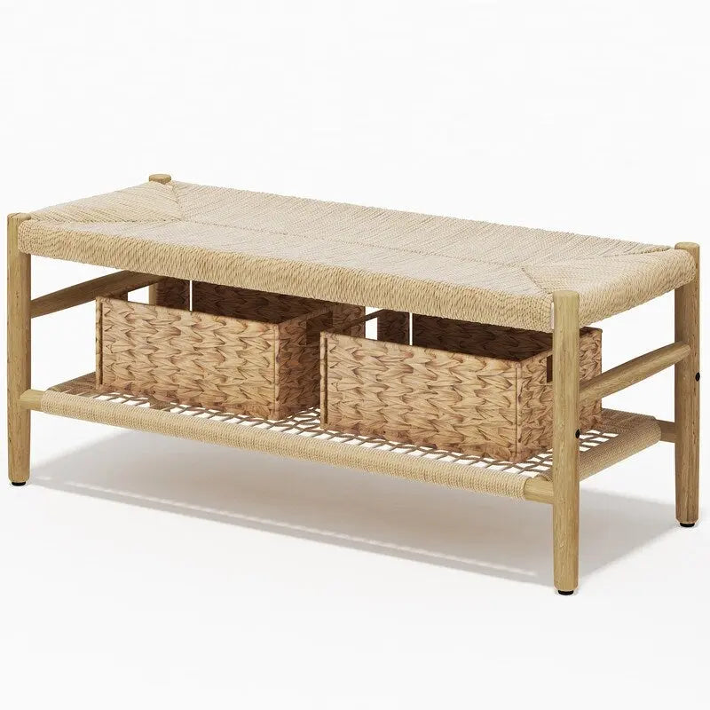 Banc en corde tressée à la main avec paniers de rangement en osier - Naturel