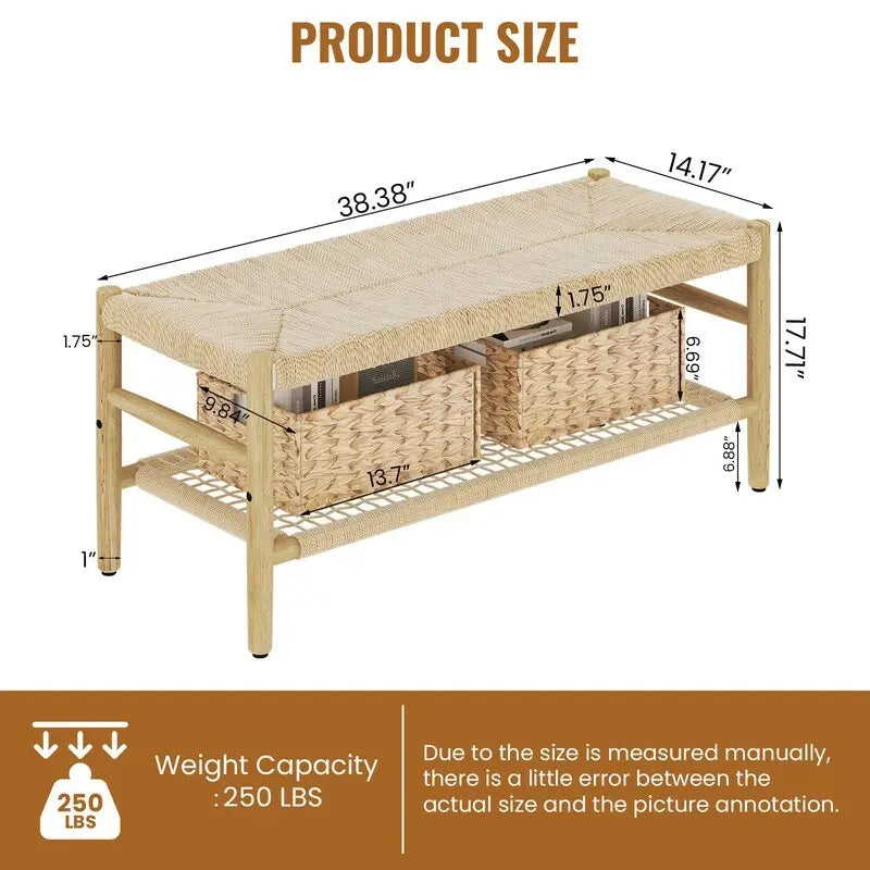 Banc en corde tressée à la main avec paniers de rangement en osier - Naturel