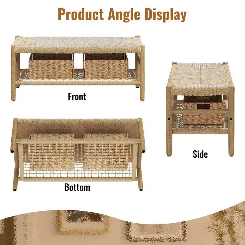 Banc en corde tressée à la main avec paniers de rangement en osier - Naturel