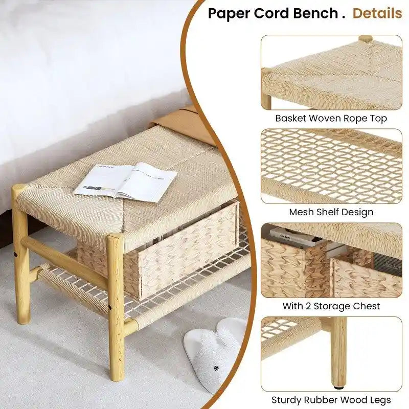 Banc en corde tressée à la main avec paniers de rangement en osier - Naturel