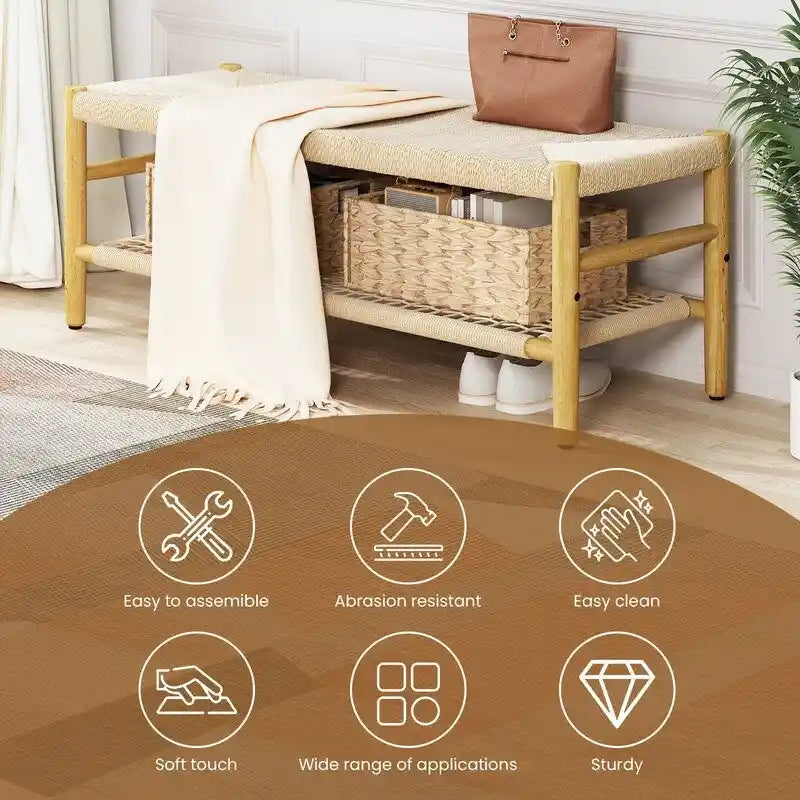 Banc en corde tressée à la main avec paniers de rangement en osier - Naturel