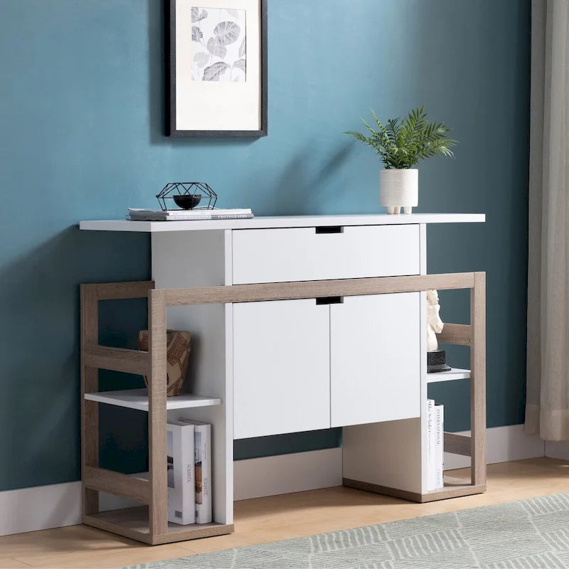 Buffet bicolore avec tiroir, rangement à double porte et étagères ouvertes – Blanc et taupe foncé