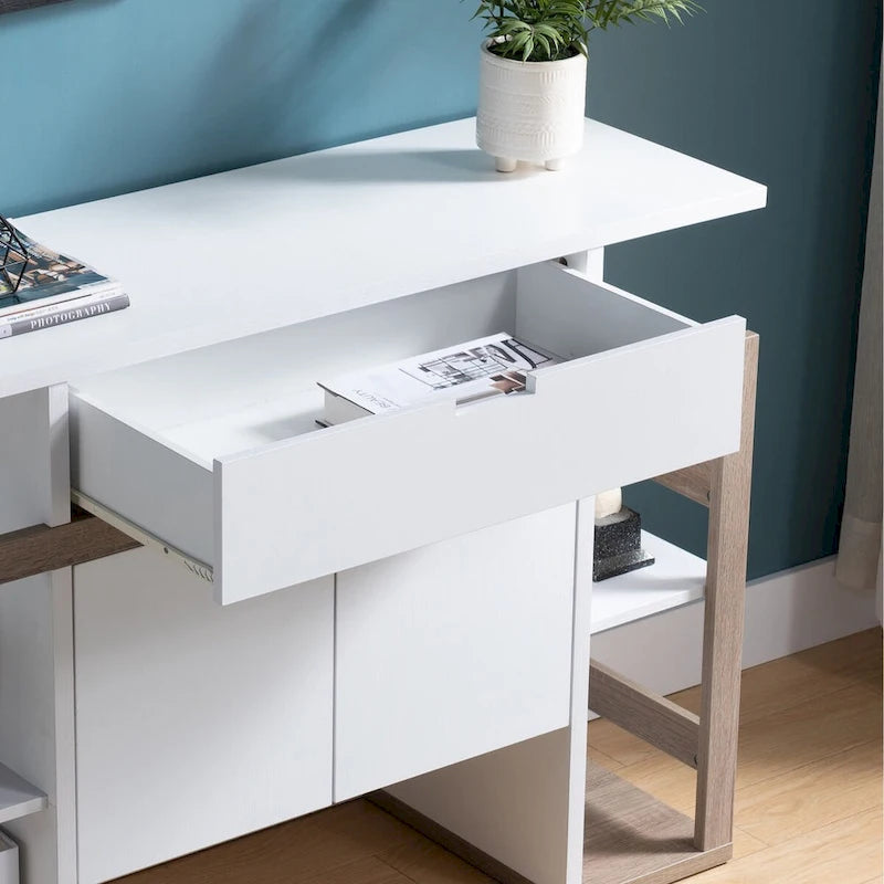 Buffet bicolore avec tiroir, rangement à double porte et étagères ouvertes – Blanc et taupe foncé