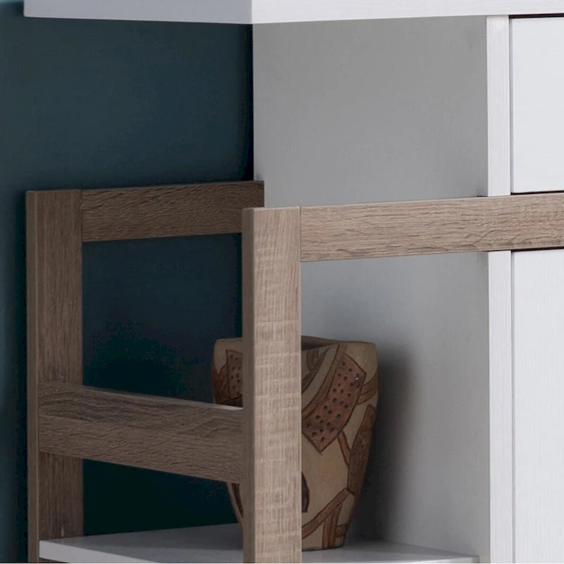 Buffet bicolore avec tiroir, rangement à double porte et étagères ouvertes – Blanc et taupe foncé