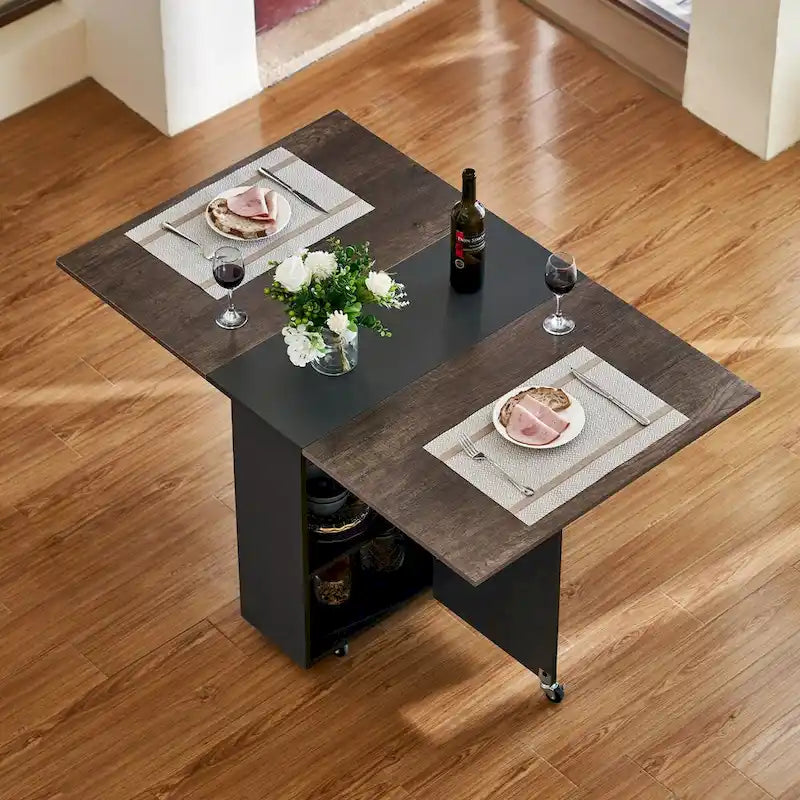 Table de salle à manger à abattants avec tiroir de rangement, placard et roulettes