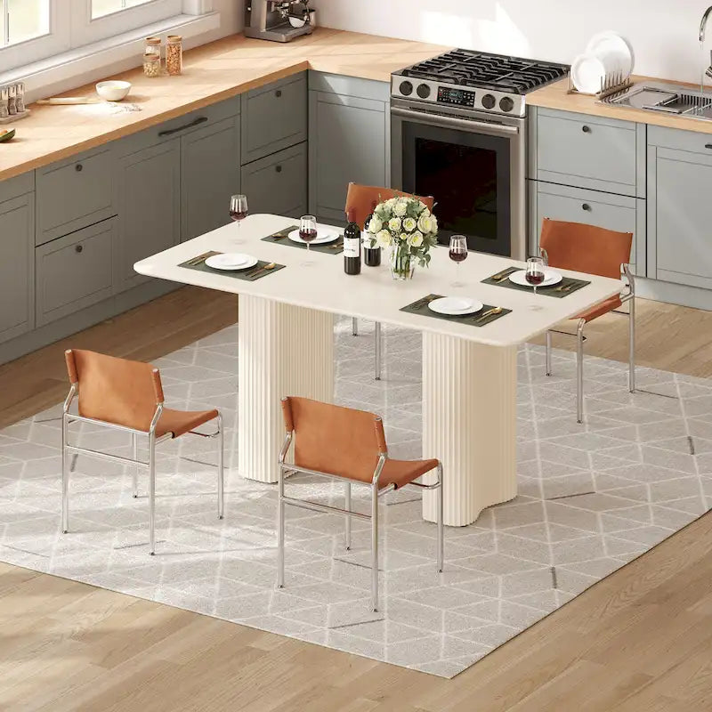 Table à manger moderne avec piètement incurvé - Blanc cassé