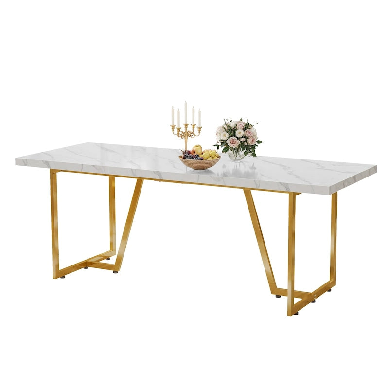 Grande Table à Manger en Faux Marbre avec Piétement Géométrique en Métal