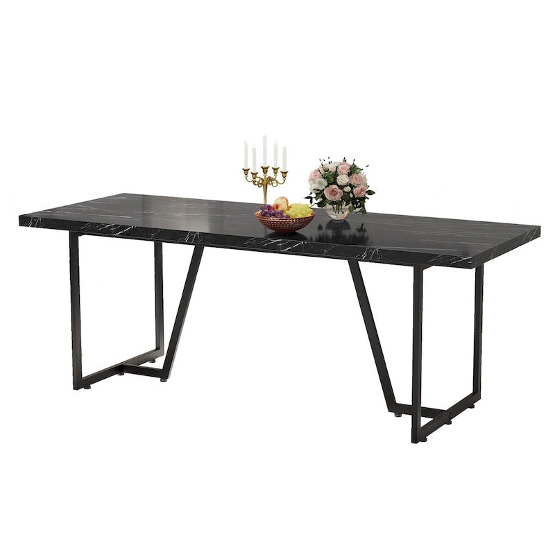 Grande Table à Manger en Faux Marbre avec Piétement Géométrique en Métal