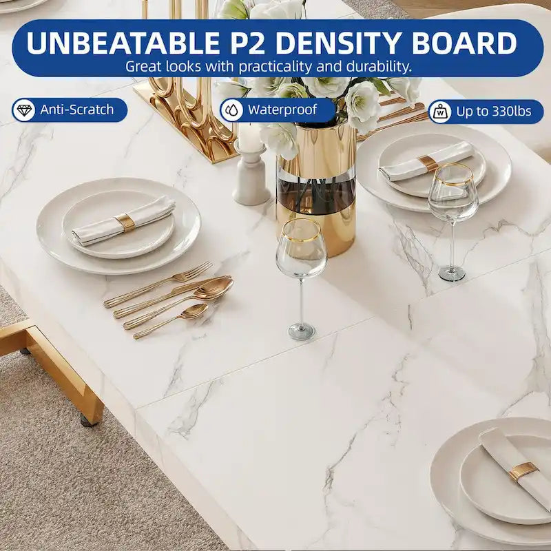 Grande Table à Manger en Faux Marbre avec Piétement Géométrique en Métal